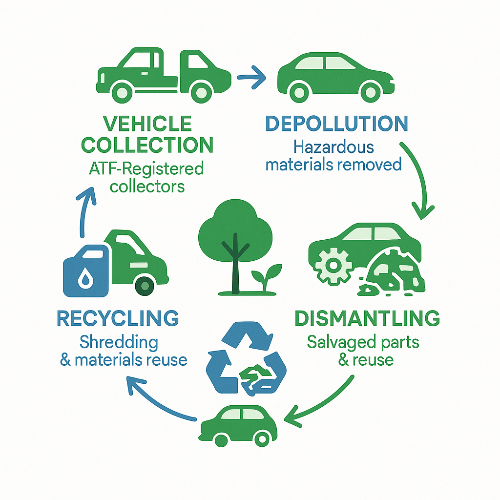 Circular economy steps: collection, depollution, dismantling, recycling